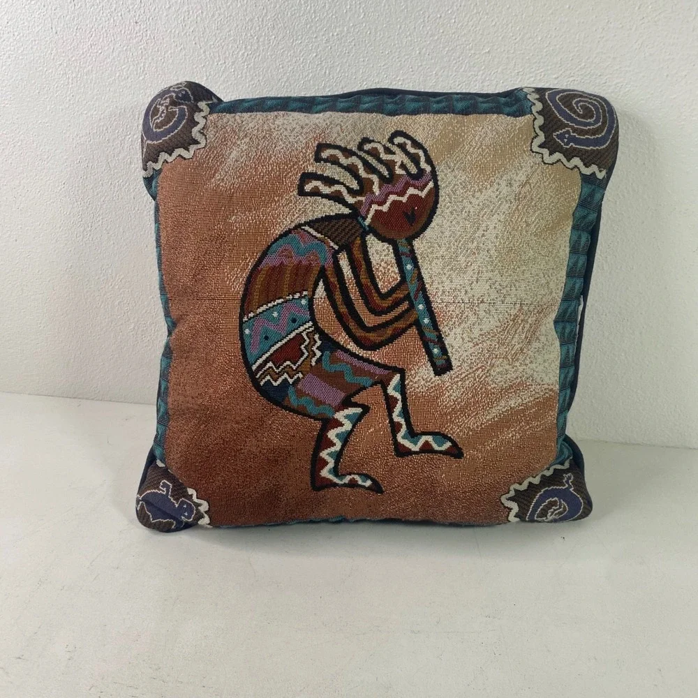 Southwestern Kokopelli Tapestry Throw Pillow Woven Flute Player Fertility Dancer